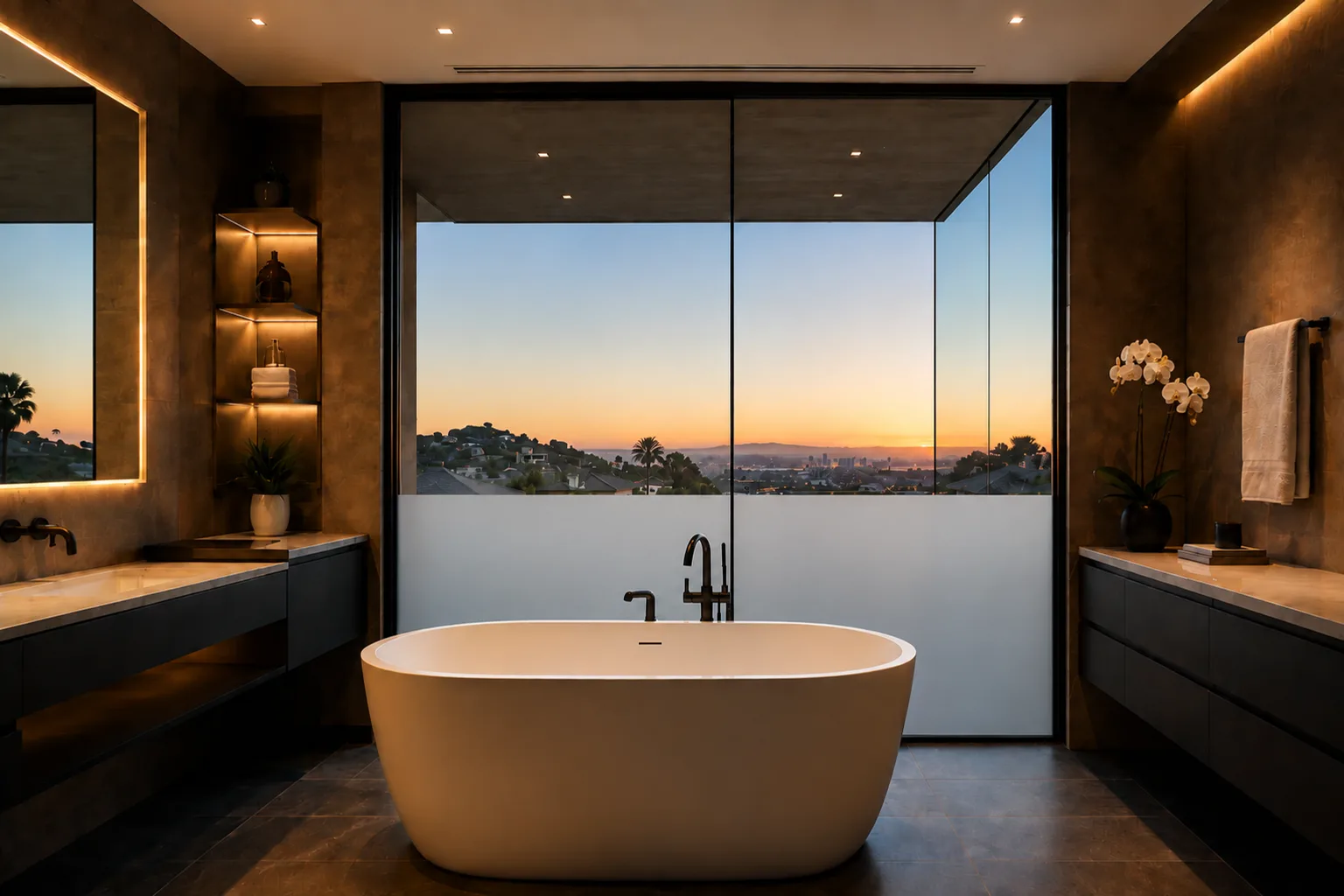 Bathroom with a city view with private smart glass
