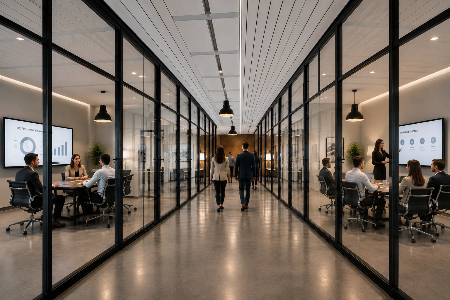 Office corridor with the smart glass clear, meeting rooms visible through it